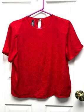 Laura & Jayne Blouse 100% Silk Red Floral Jacquard Vintage Style Size S
